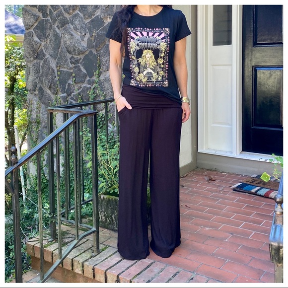 Black Wide leg Fold Waist Pants With Side pockets - Picture 5 of 8